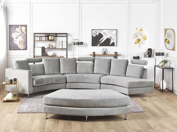 Sofa Lysegrå Velour Stof 7 Personers Moderne Rund U Formet Buet Sofa med Chaiselong Justerbare Nakkestøtter Modul Opbygget Kæmpe Designsofa