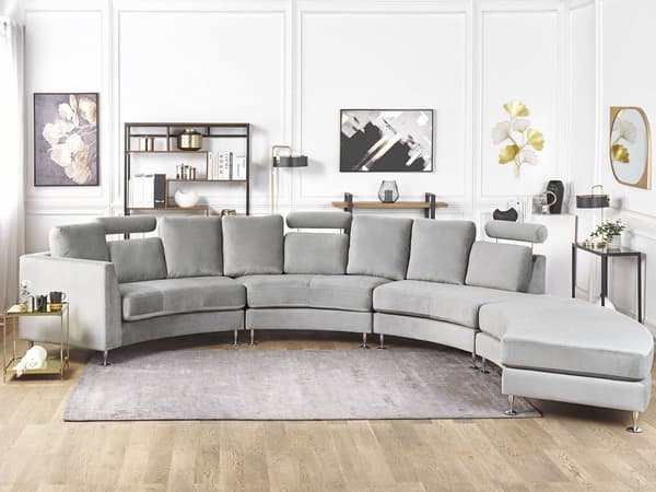 Sofa Lysegrå Velour Stof 7 Personers Moderne Rund U Formet Buet Sofa med Chaiselong Justerbare Nakkestøtter Modul Opbygget Kæmpe Designsofa