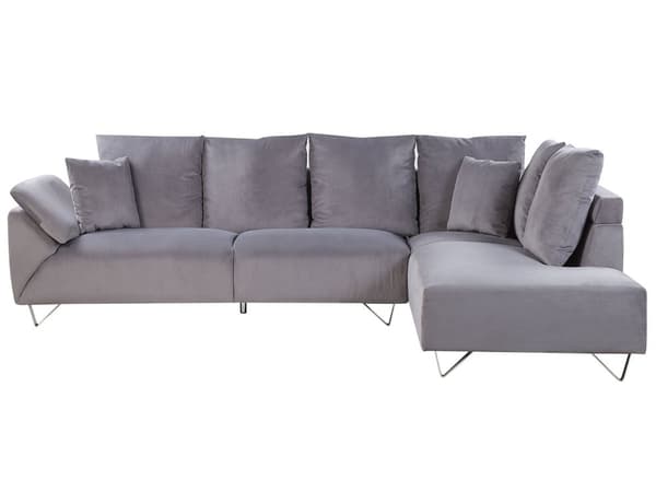 Grå Velour Sofa 266 x 181 cm med Puder Kromet Ben Moderne Stil