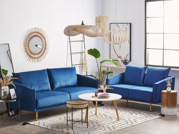 Sofa Mørkeblå Velour Guld Metalben 3 Personers Dekorativ Indendørs Dyb Sofa til Stue Indretning Glamour Retro Inspiration Tilbehør