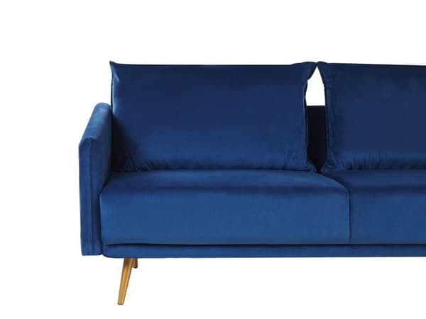 Sofa Mørkeblå Velour Guld Metalben 3 Personers Dekorativ Indendørs Dyb Sofa til Stue Indretning Glamour Retro Inspiration Tilbehør