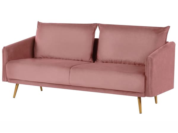 Sofa Lyserød Velour Guld Metalben 3 Personers Dekorativ Indendørs Dyb Sofa til Stue Indretning Glamour Retro Inspiration Tilbehør