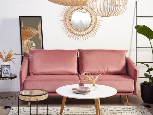 Sofa Lyserød Velour Guld Metalben 3 Personers Dekorativ Indendørs Dyb Sofa til Stue Indretning Glamour Retro Inspiration Tilbehør