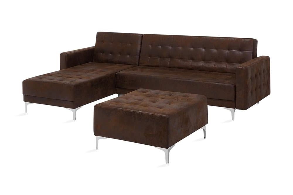 KIEFF Hörnbäddsoffa Höger med Fotpall Konstläder Brun
