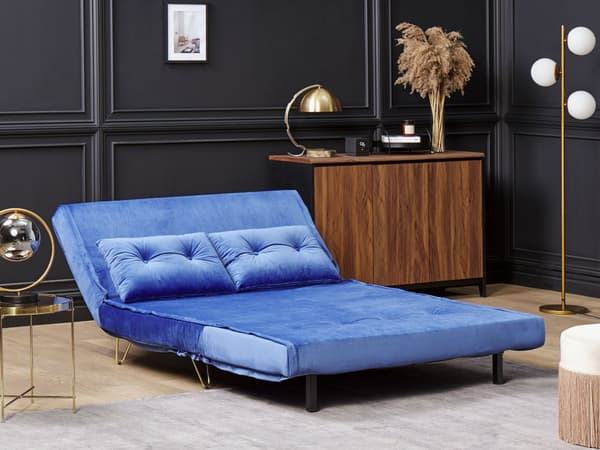 2-personers marineblå sovesofa med hynde gyldne metal glamour ben