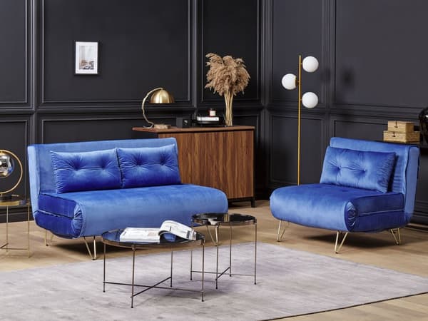 2-personers marineblå sovesofa med hynde gyldne metal glamour ben