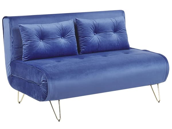 2-personers marineblå sovesofa med hynde gyldne metal glamour ben