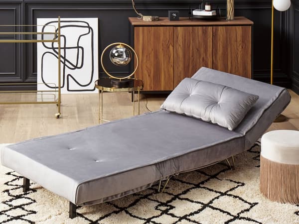 Liten Bäddsoffa Grå Sammet 1-sits Armlös med Kuddar Metall Guldben Glamour