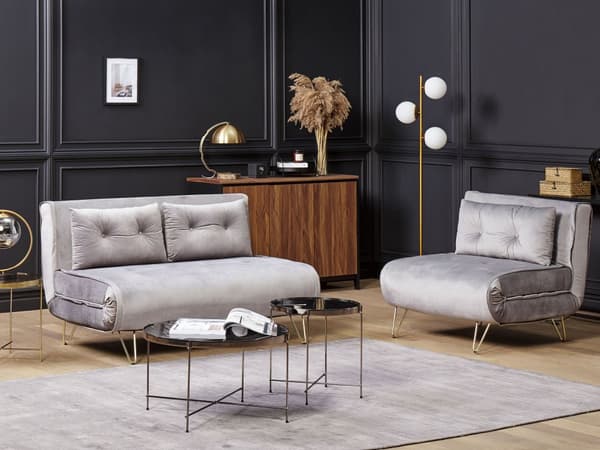 Liten Bäddsoffa Grå Sammet 1-sits Armlös med Kuddar Metall Guldben Glamour