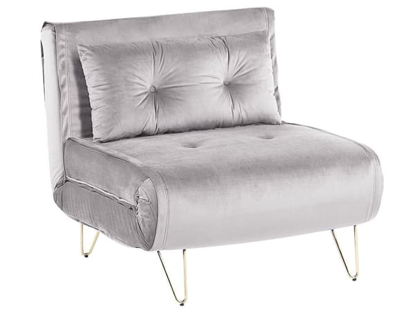 Liten Bäddsoffa Grå Sammet 1-sits Armlös med Kuddar Metall Guldben Glamour