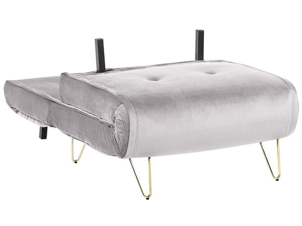 Liten Bäddsoffa Grå Sammet 1-sits Armlös med Kuddar Metall Guldben Glamour