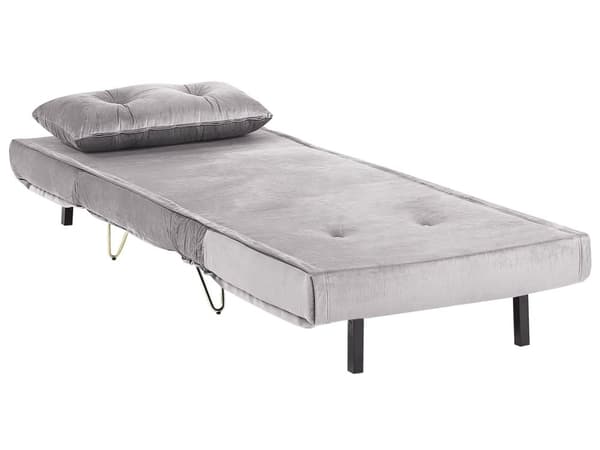 Liten Bäddsoffa Grå Sammet 1-sits Armlös med Kuddar Metall Guldben Glamour