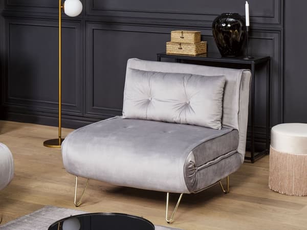 Liten Bäddsoffa Grå Sammet 1-sits Armlös med Kuddar Metall Guldben Glamour