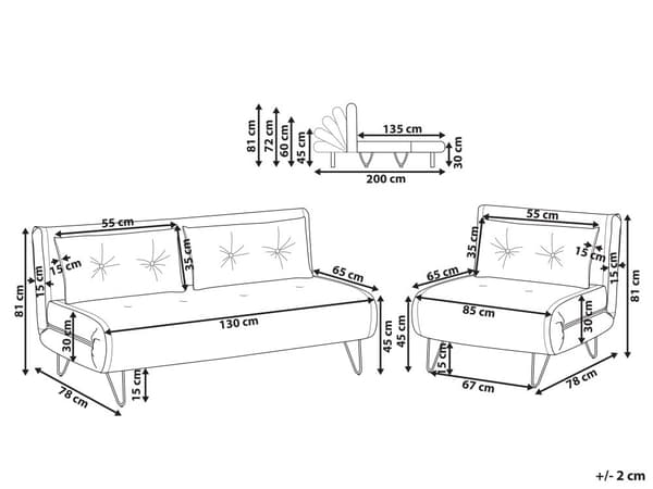 Blå velour sofasæt 1 + 2 klapsofa med hynder