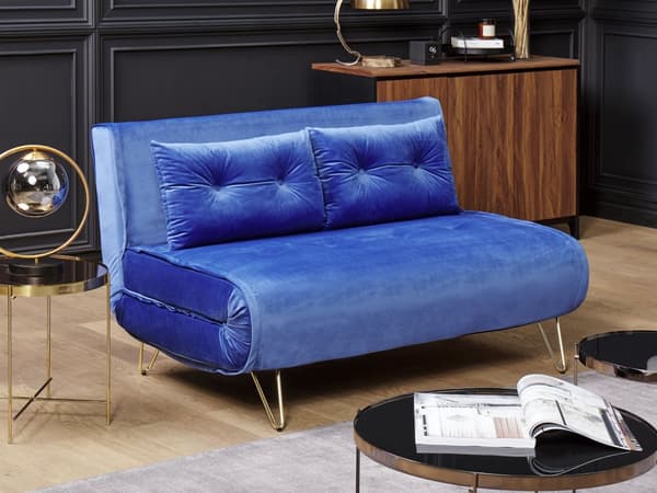Blå velour sofasæt 1 + 2 klapsofa med hynder