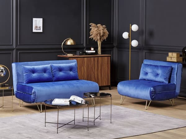 Blå velour sofasæt 1 + 2 klapsofa med hynder