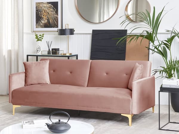 3 Personers Lyserød Velour Quiltet Sofa med Hynder Metalben Moderne Stil