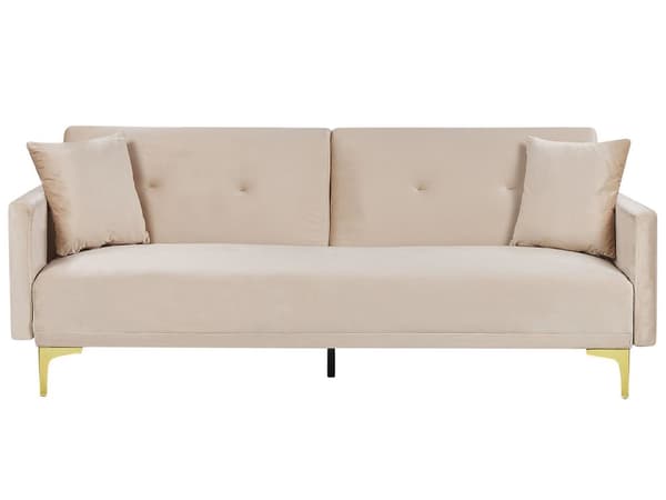 3 Personers Beige Velour Quiltet Sofa med Hynder Metalben Moderne Stil