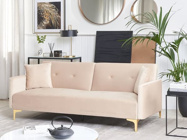Bäddsoffa 3-sits Beige Sammet Knäppt Sits Klick Klack funktion Traditionell Vardagsrum
