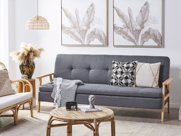Bäddsoffa 3-sits Grå Tygklädsel Klick Klack funktion Träram och Armstöd