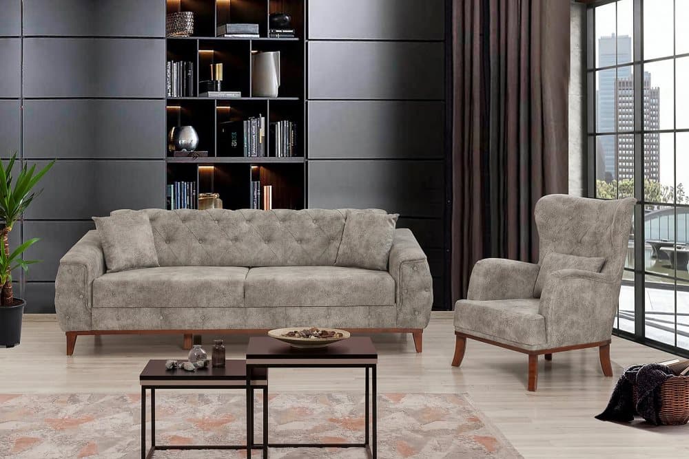 CAMERE Soffgrupp 3-sits Soffa+Fåtölj Grå/Natur