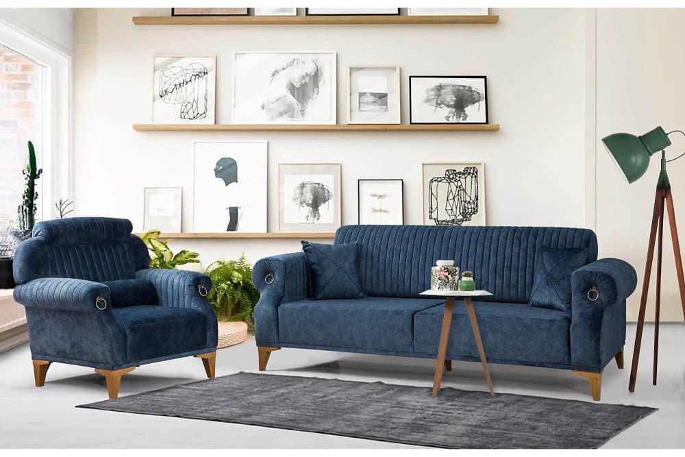TAMARITA Soffgrupp 3-sits Soffa+Fåtölj Mörkblå/Natur