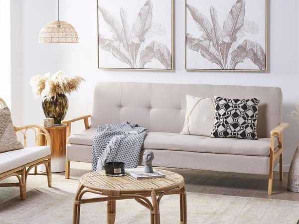 Bäddsoffa 3-sits Beige Tygklädsel Klick Klack Träram och Armstöd