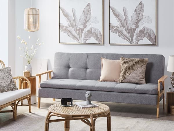 Bäddsoffa 3-sits Ljusgrå Tygklädsel Klick Klack funktion Träram och Armstöd