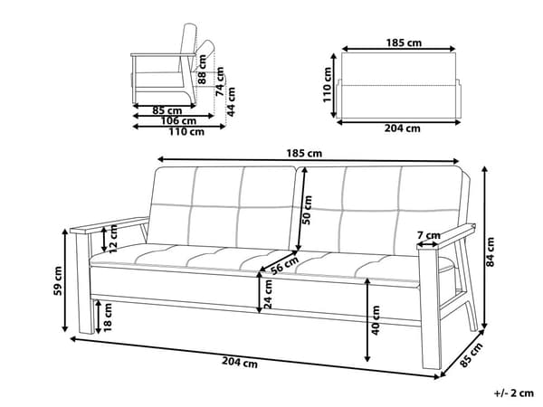 Mørkegrå lyst træ sovesofa 3-personers quiltet retro stil