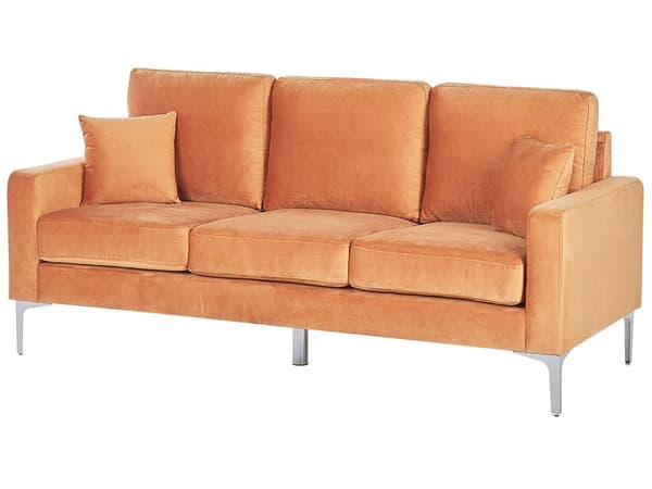 3-personers Sofa Orange Velour Sølvben Tykt Sæde Retro Design Hynder