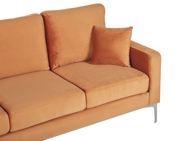 3-personers Sofa Orange Velour Sølvben Tykt Sæde Retro Design Hynder