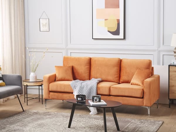 3-personers Sofa Orange Velour Sølvben Tykt Sæde Retro Design Hynder