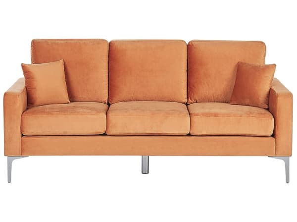 3-personers Sofa Orange Velour Sølvben Tykt Sæde Retro Design Hynder