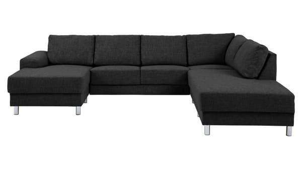 Calverton hjørnesofa med chaiselong venstrevendt i antracit grå stof og med chrome ben.