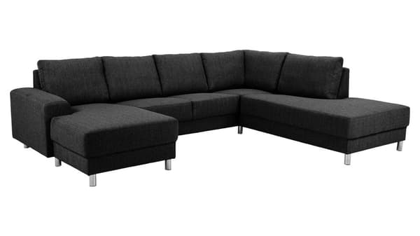 Calverton hjørnesofa med chaiselong venstrevendt i antracit grå stof og med chrome ben.