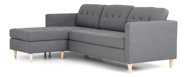 Marino soffa, schäslong höger eller vänster, i ljusgrått tyg och med träben.