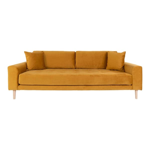 Lido soffa 3-sits velour inkl. 2 prydnadskuddar, senapsgul.