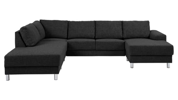 Calverton  hjørnesofa med sjeselong høyrevent i antrasitt grå stoff, med krom ben.