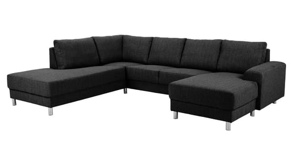Calverton  hjørnesofa med sjeselong høyrevent i antrasitt grå stoff, med krom ben.