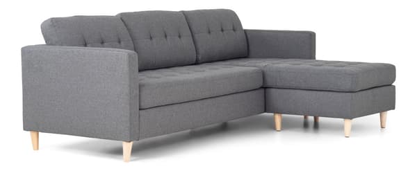 Marino sofa, sjeselong høyre eller venstrevent i stoff lys grå, med treben.