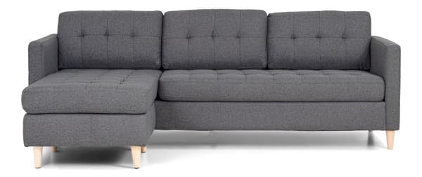 Marino sofa, sjeselong høyre eller venstrevent i stoff lys grå, med treben.