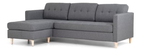 Marino sofa, sjeselong høyre eller venstrevent i stoff lys grå, med treben.