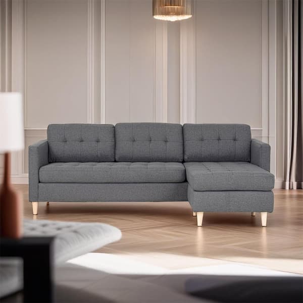 Marino sofa, sjeselong høyre eller venstrevent i stoff lys grå, med treben.
