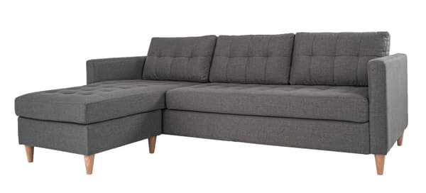 Marino sofa, sjeselong høyre eller venstrevent i stoff lys grå, med treben.