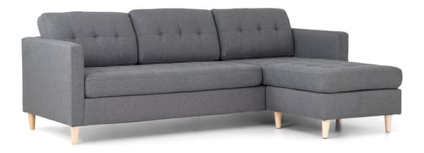 Marino sofa, sjeselong høyre eller venstrevent i stoff lys grå, med treben.