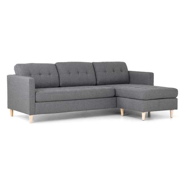 Marino sofa, sjeselong høyre eller venstrevent i stoff lys grå, med treben.
