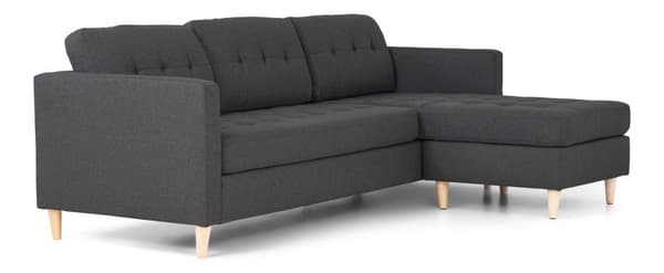 Marino sofa, sjeselongsofa høyre eller venstrevent i stoff mørk grå og med treben.