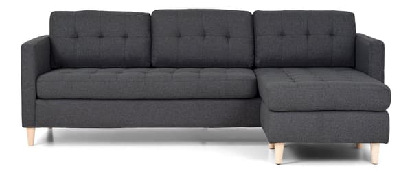 Marino sofa, sjeselongsofa høyre eller venstrevent i stoff mørk grå og med treben.
