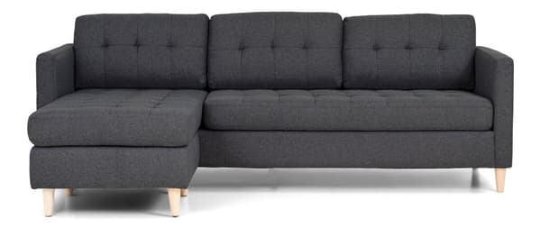 Marino sofa, sjeselongsofa høyre eller venstrevent i stoff mørk grå og med treben.