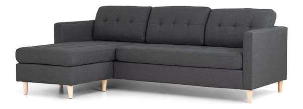 Marino sofa, sjeselongsofa høyre eller venstrevent i stoff mørk grå og med treben.